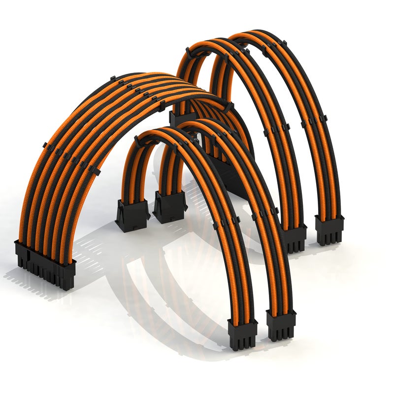 LINKUP - AVA 30cm PSU Cable Extension Sleeved Custom Mod GPU PC Braided w/Comb Kit | 1 x 24 P (20+4) | 2 x 8 P (4+4) CPU | 2 x 8 P (6+2) GPU Set | 300mm - OrangeBlack - Image 1